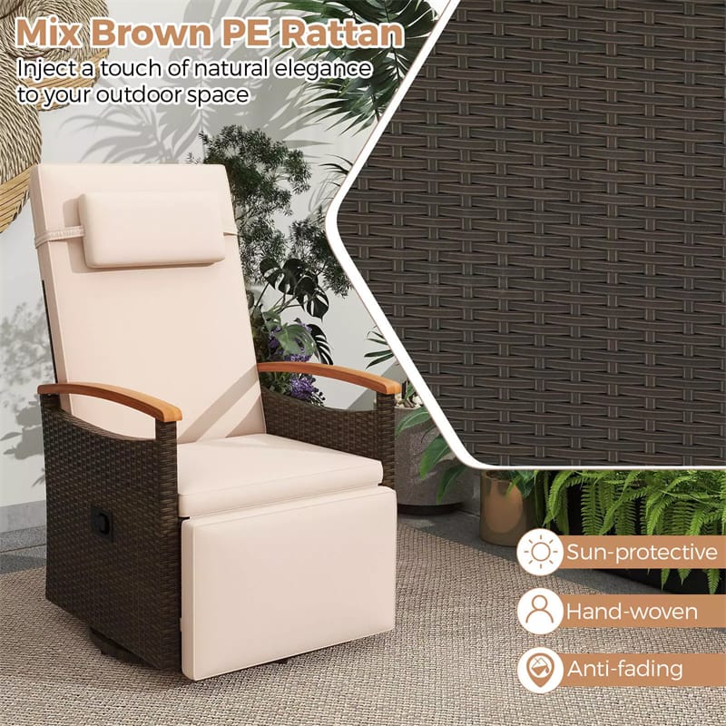 Outdoor 360?? Swivel Rattan Recliner Chair with Adjustable Backrest & Footrest, Patio Wicker Chaise Lounge Chair with Flip Side Table & Cushion