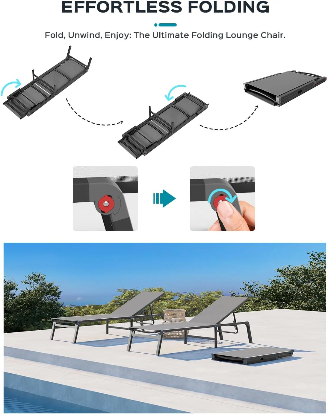 Aluminum Chaise Lounge Ourdoor - Foldable & Assemble Free Outdoor Lounge Chair with 5 Adjustable Backrest, Patio Lounge Chair for Outside Poolside Beach Pool, Black