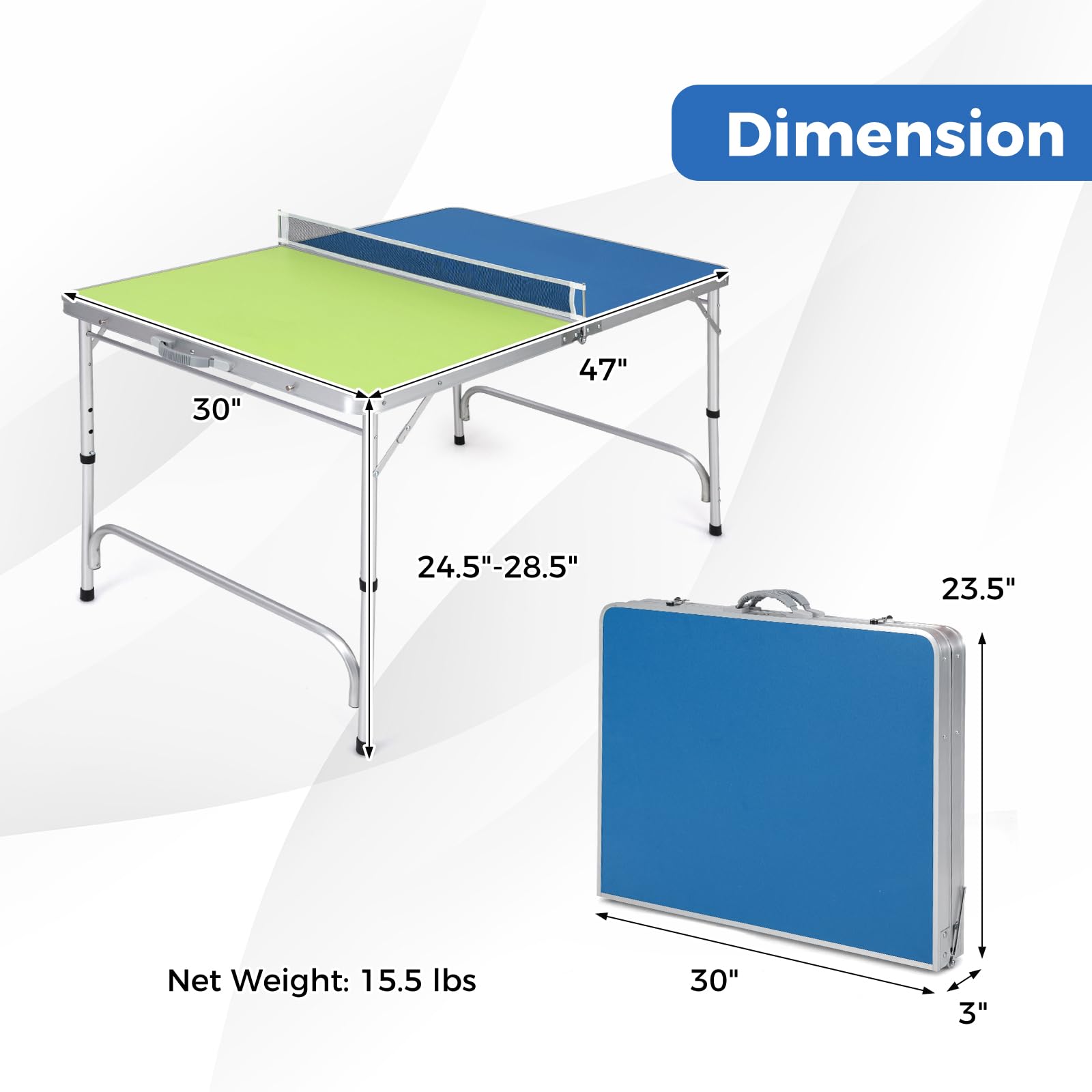 Foldable Ping Pong Table, 100% Preassembled, Table Tennis Table with Net, 2 Paddles( Blue&Green-47'' )