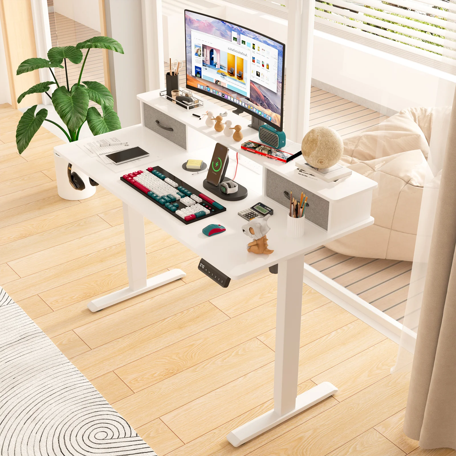 Electric Standing Desk with Monitor Stand  White