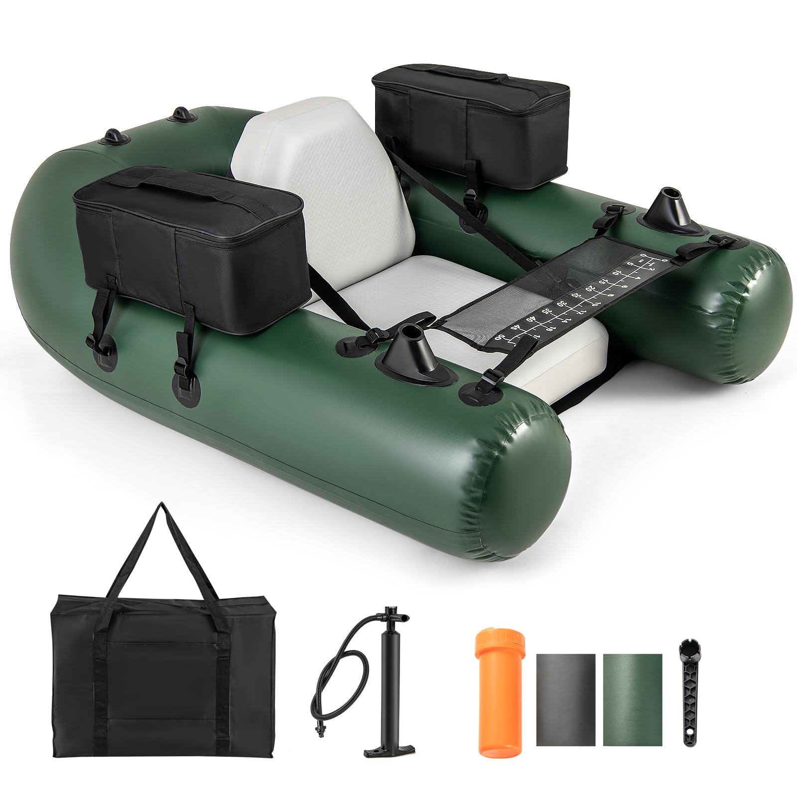 Inflatable Float Tube, Fishing Belly Boat with Fish Ruler, 2 Detachable Storage Bags, Pump, Carry Bag