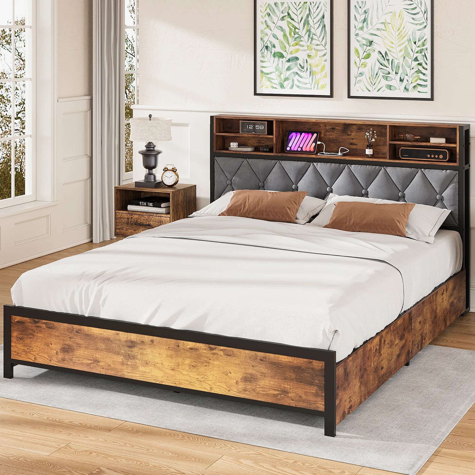 Bed Frame Double Size with Charging Station
