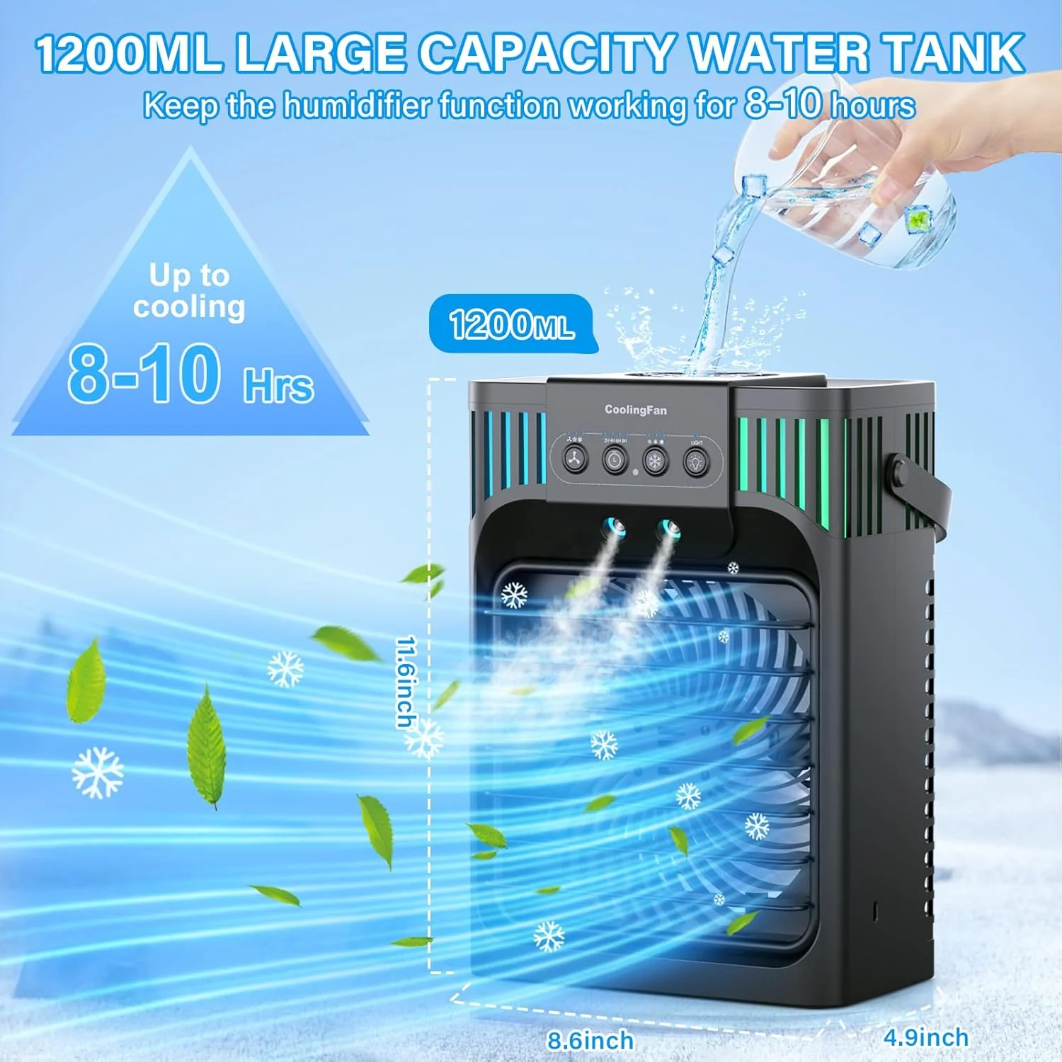 Portable Air Conditioners,4-in-1 Evaporative Air Cooler with 3 Speeds, 3 Modes & 7 LED Light Cooling Fan with Remote, 2-8H Timer, 1200ML Personal Mini Air Conditioner for Bedroom and Office