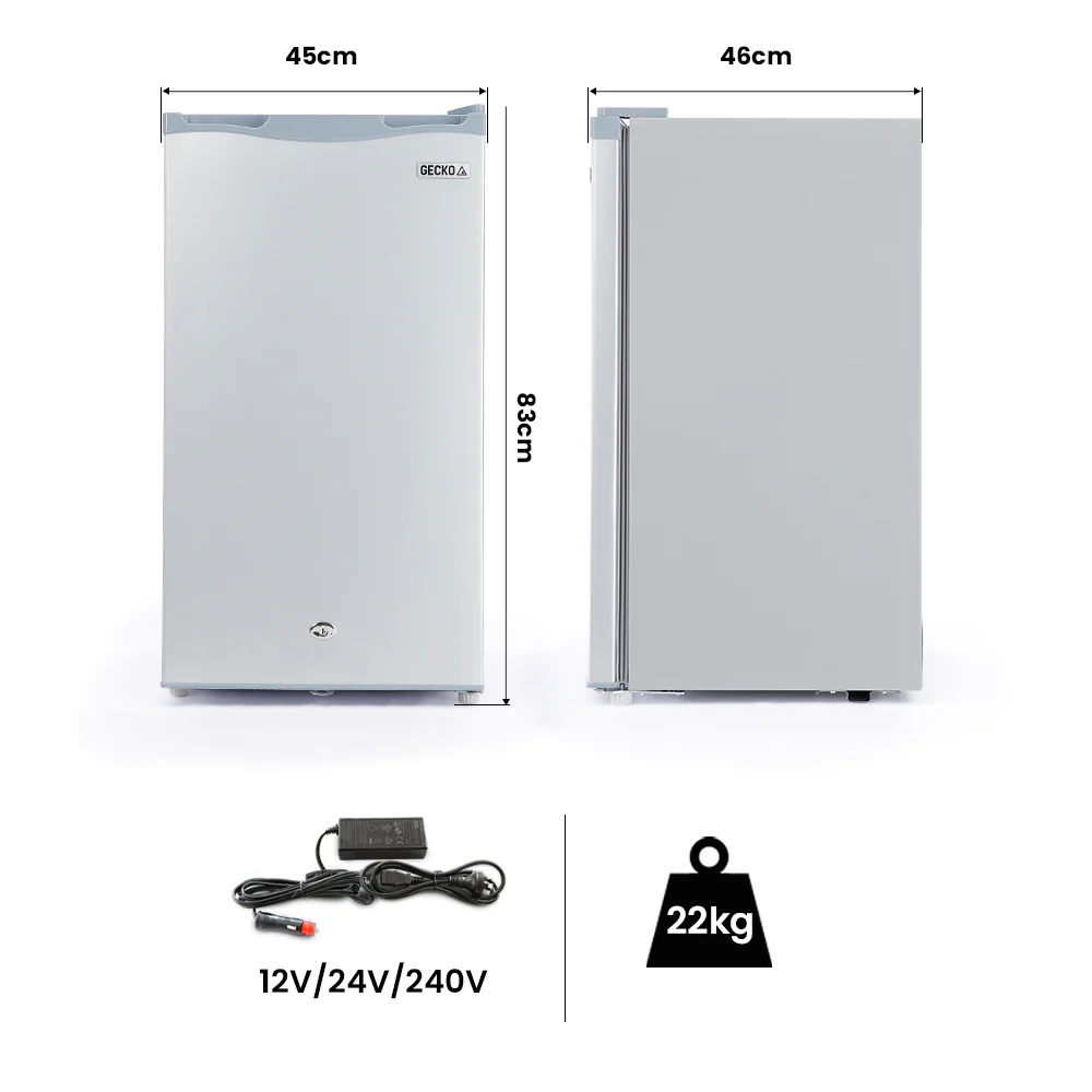 GECKO 95L Portable Upright Fridge and Freezer, 12V/24V for Camping, Caravans, Silver