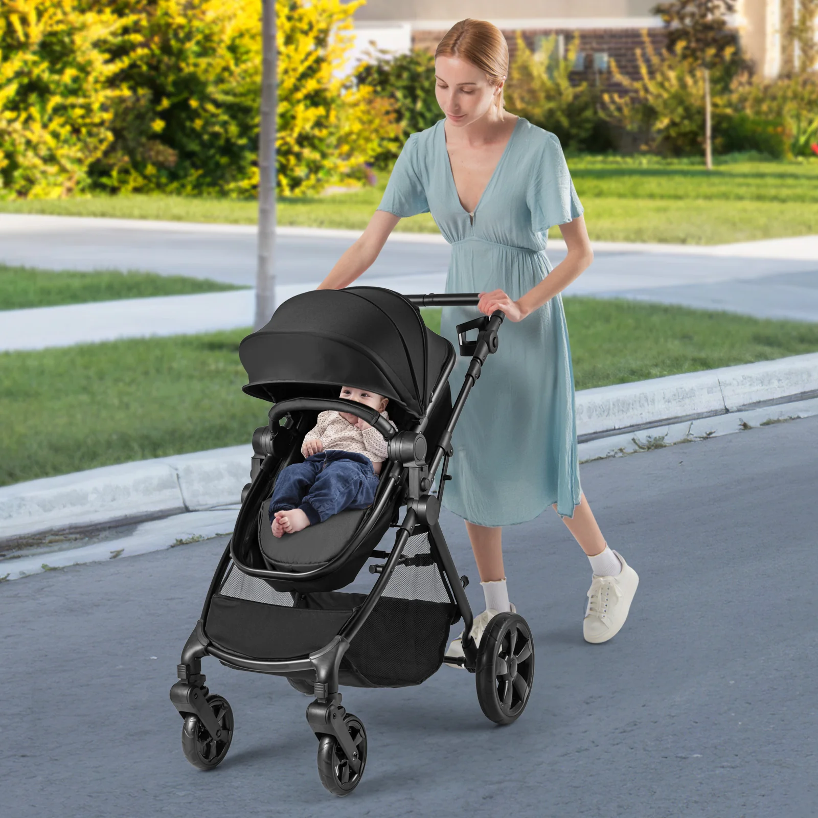 2-in-1 Convertible Baby Stroller, Foldable Infant Carriage with Reversible Seat