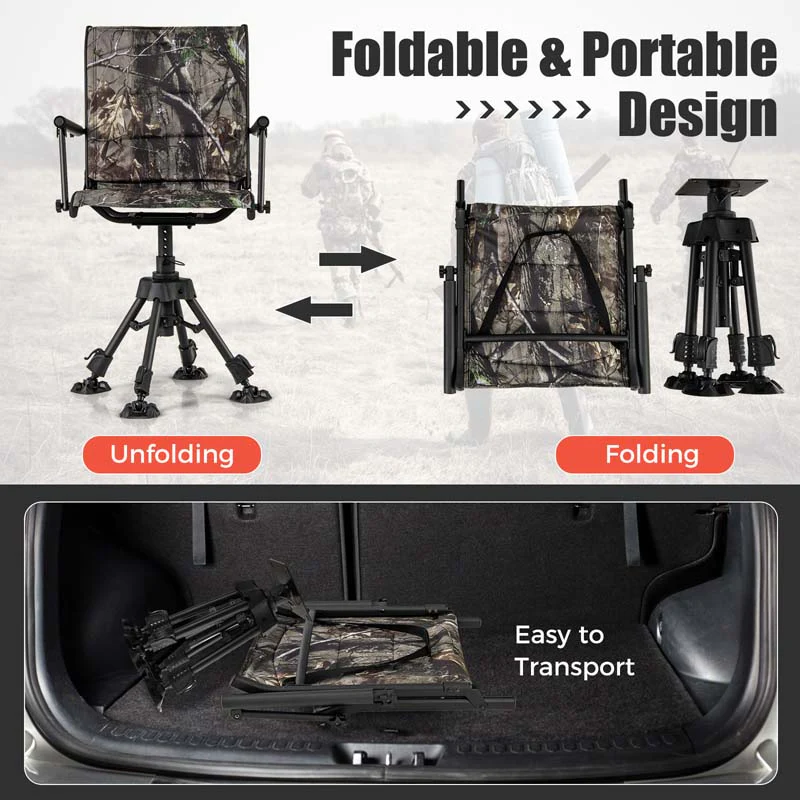 360�� Swivel Silent Folding Hunting Blind Chair for Shooting Fishing, Portable Sniper Seat with 4 Adjustable Legs, All-Terrain Foot Pads
