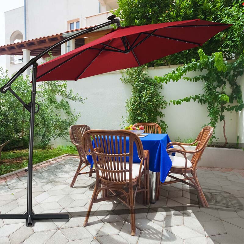 10 FT Patio Offset Umbrella with Solar Lights 360�� Rotation Outdoor Market Umbrella with Crank Handle & Cross Base