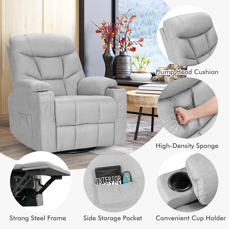 360�� Swivel Electric Massage Recliner Rocking Chair Single Soft Sofa with Heater & Retractable Footrest