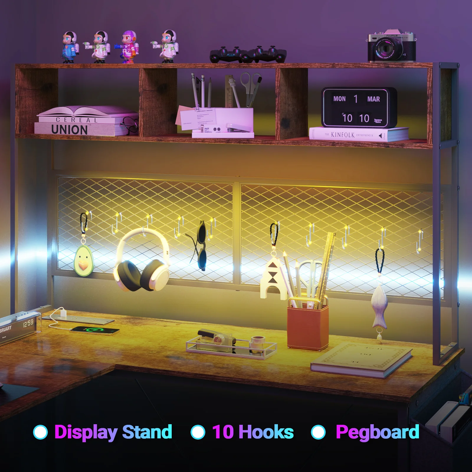 L Shaped Gaming Desk with LED Lights &  Storage Shelf
