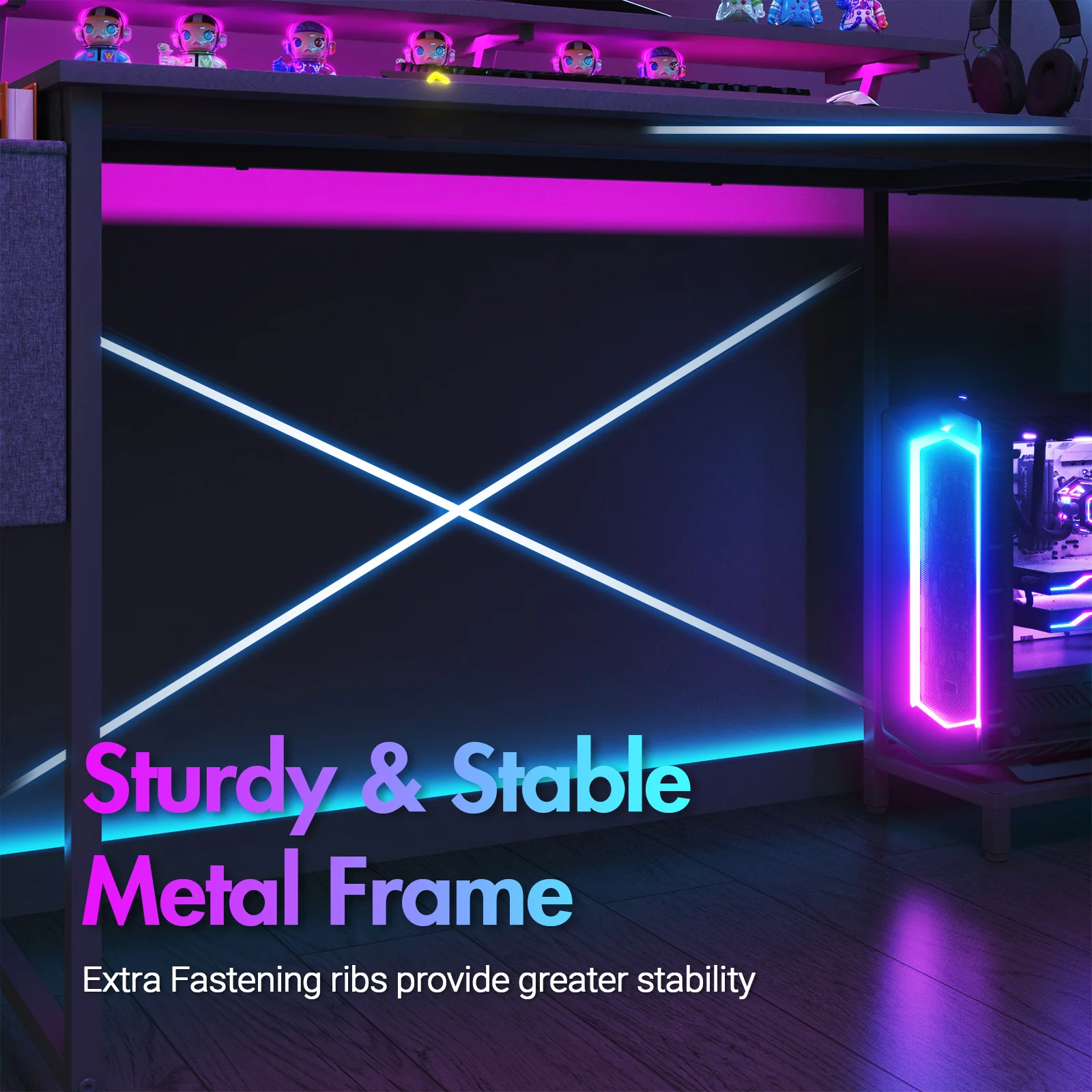 L Shaped Gaming Desk with LED Lights Black