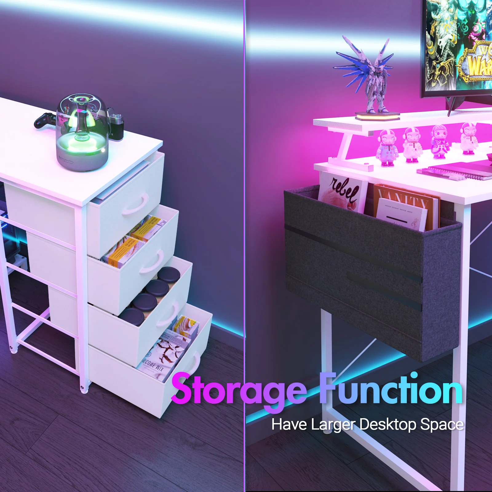 L Shaped Gaming Desk with LED Lights White