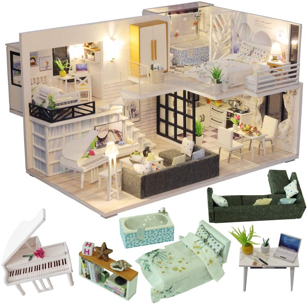 Dollhouse Miniature with Furniture Kit Plus Dust Proof and Music Movement - Happy time 1:24 Scale Creative Room Idea