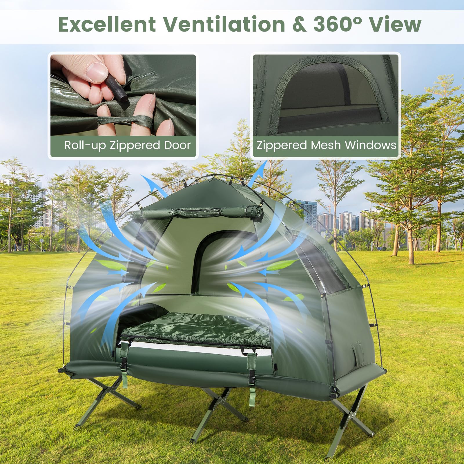 Camping Tent Cot, 5-in-1 Folding Camping Bed with Air Mattress, Pillow, Sleeping Bag, Waterproof Elevated Tent Shelter