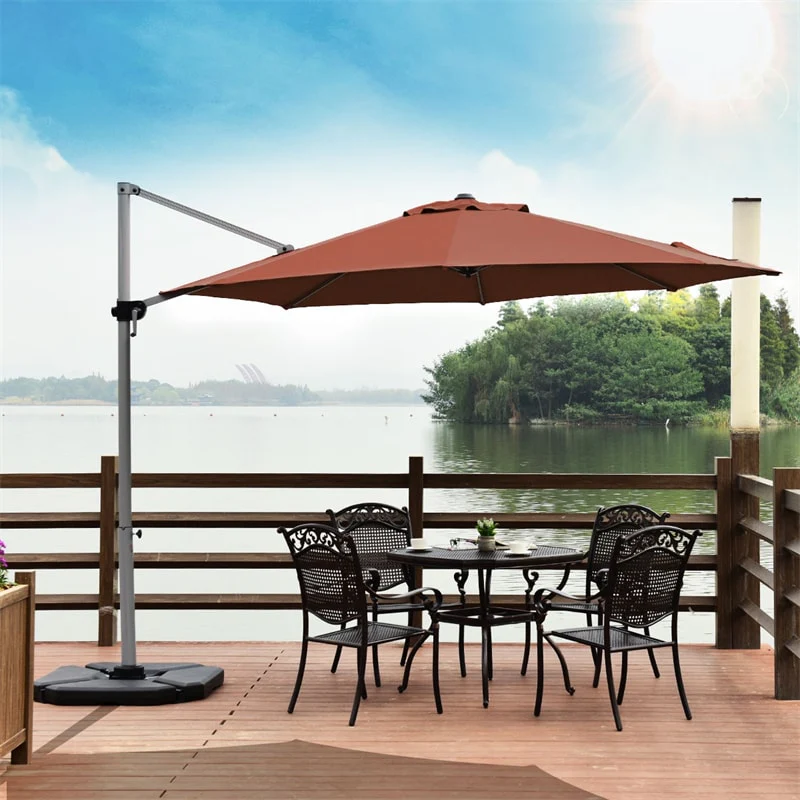 11 FT Patio Offset Cantilever Umbrella 360�� Rotation Tilt with Cross Base & Crank Handle