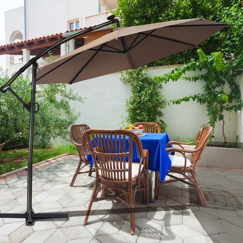 10 FT Patio Offset Umbrella with Solar Lights 360�� Rotation Outdoor Market Umbrella with Crank Handle & Cross Base