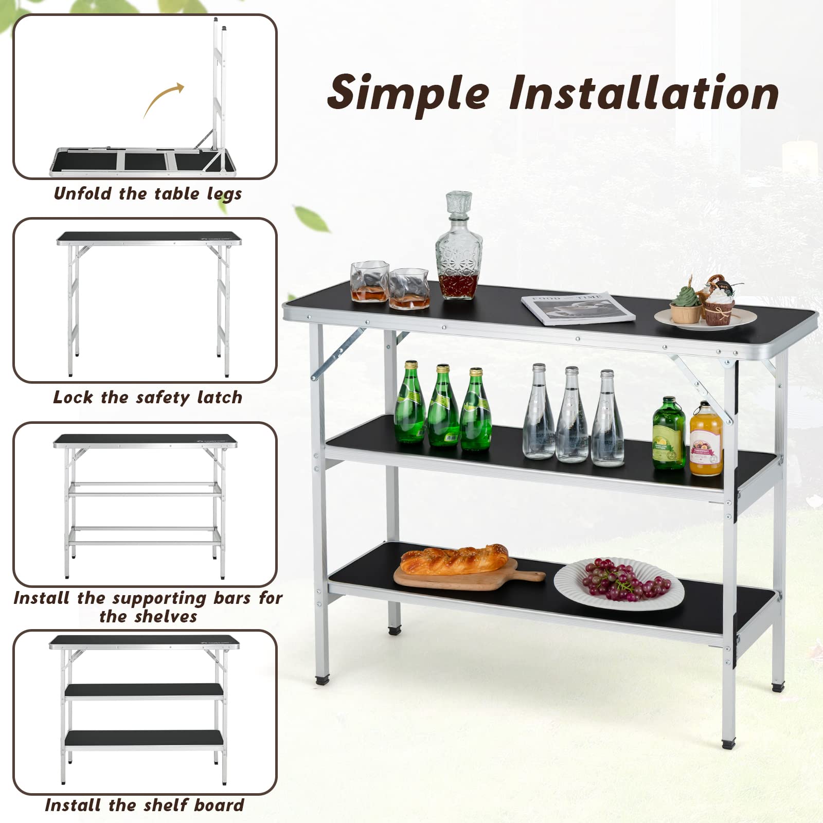 Goplus Folding Camping Table, Aluminum Portable Pop-Up Bar Table with 2-Tier Storage Shelves