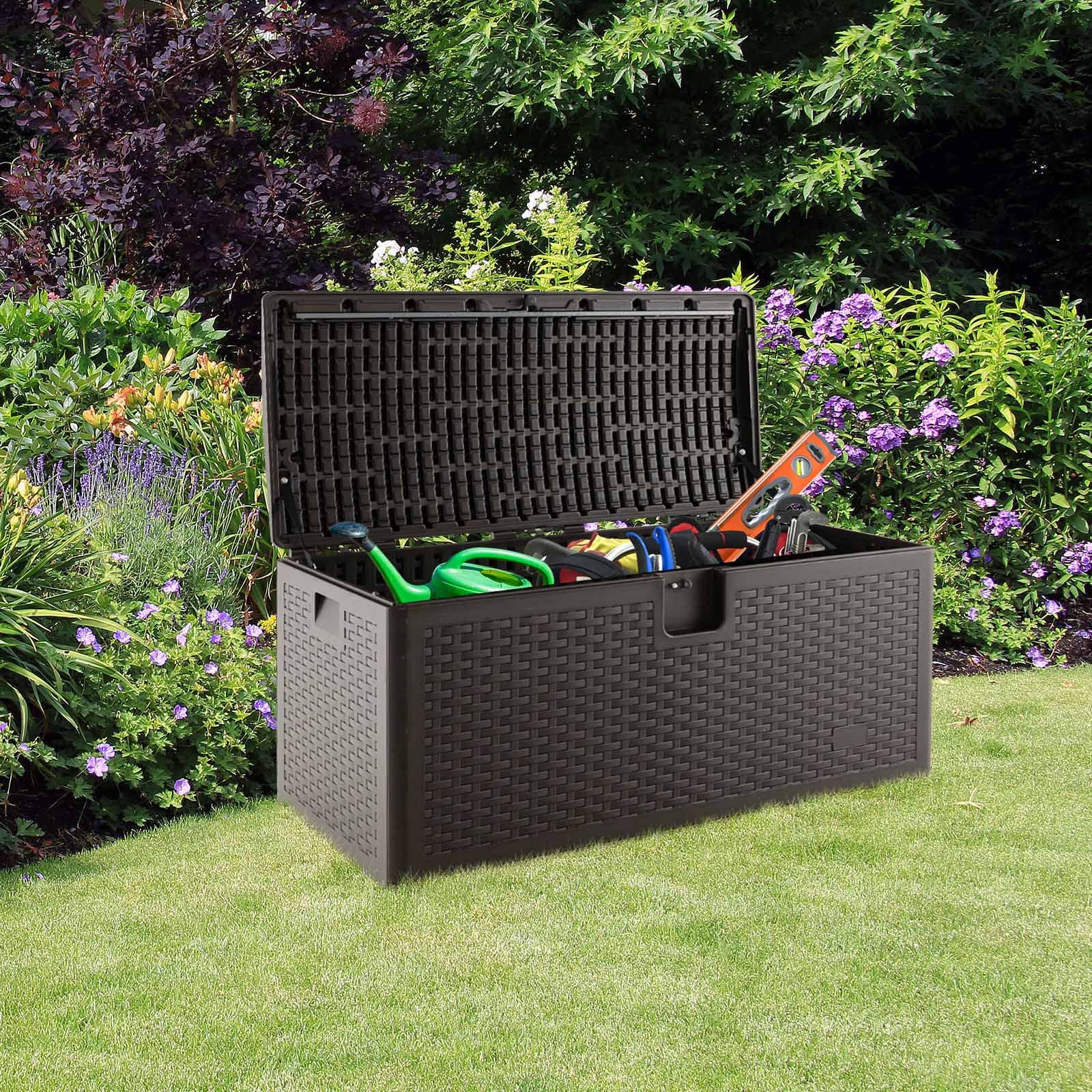 Outdoor Storage Box, 31 73 100 Gallon Waterproof Resin Patio Storage Box with Lockable Lid, Side Handle for Pillows, Cushions