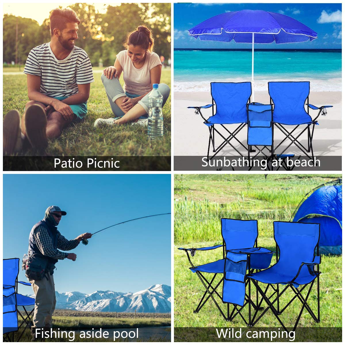 Double Folding Picnic Chairs Umbrella Mini Table Beverage Holder Carrying Bag