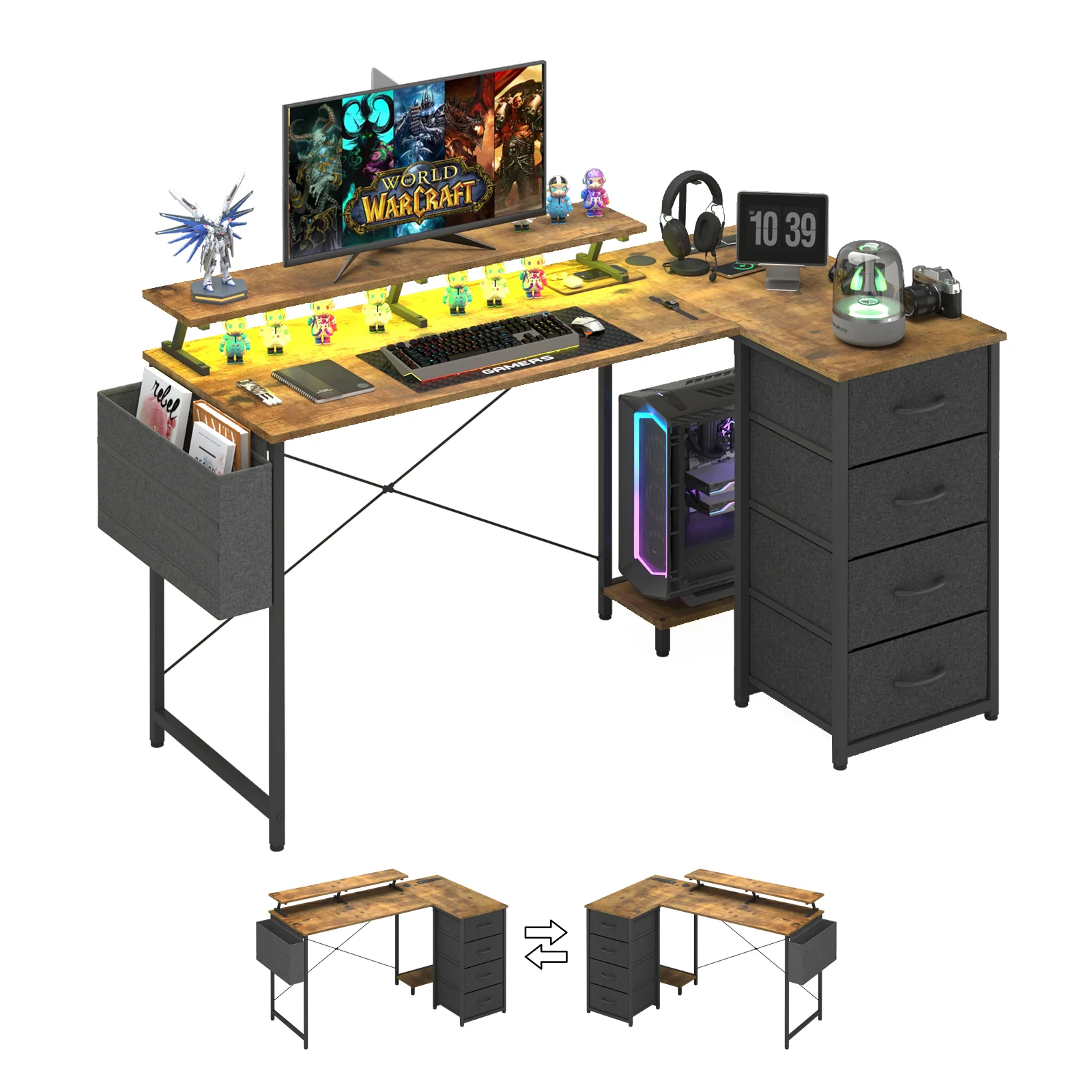 L Shaped Gaming Desk with LED Lights