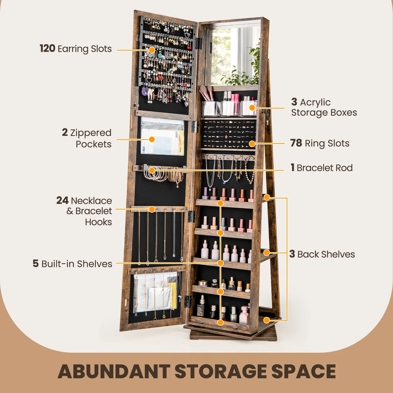 360�� Swivel Jewelry Armoire, Standing Jewelry Organizer with Full Length Mirror
