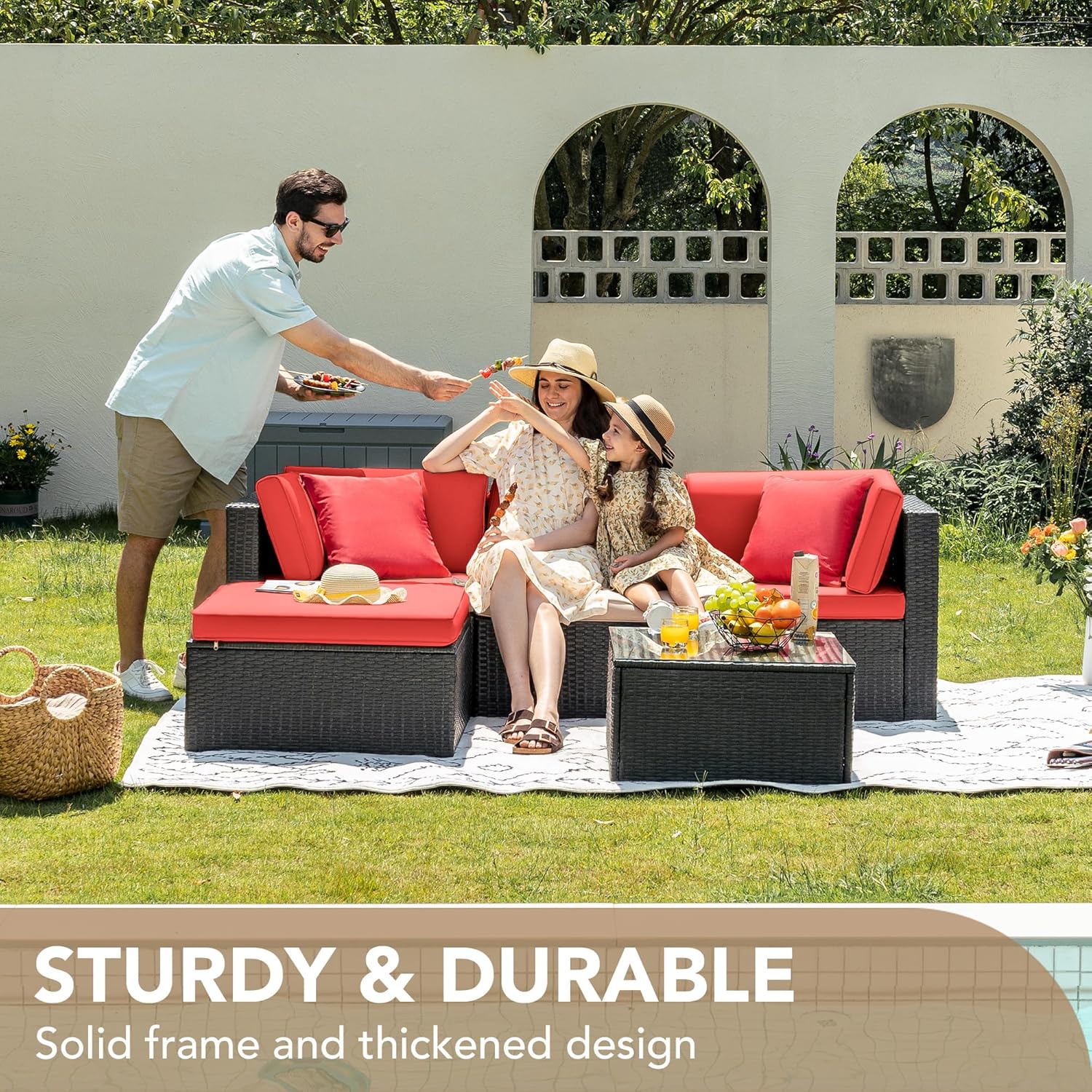 Devoko 5 Pieces Patio Furniture Sets All Weather Outdoor Sectional Patio Sofa Manual Weaving Wicker Rattan Patio Seating Sofas with Cushion and Glass Table(Beige)