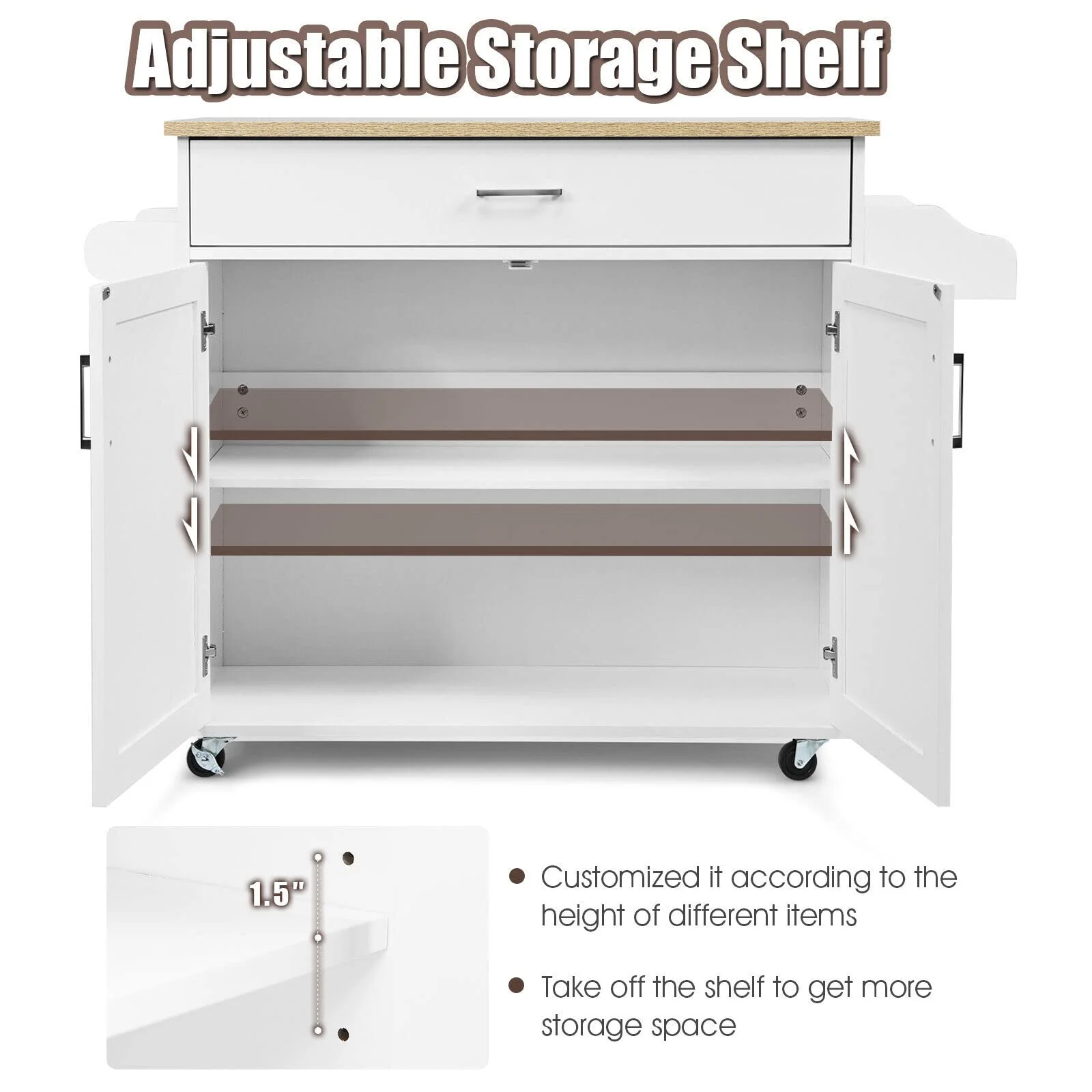 Giantex Wooden Rolling Kitchen Island, Storage Cart Trolley w/ Adjustable Shelf, Spice Storage Sgelf, Towel Rack & Drawer