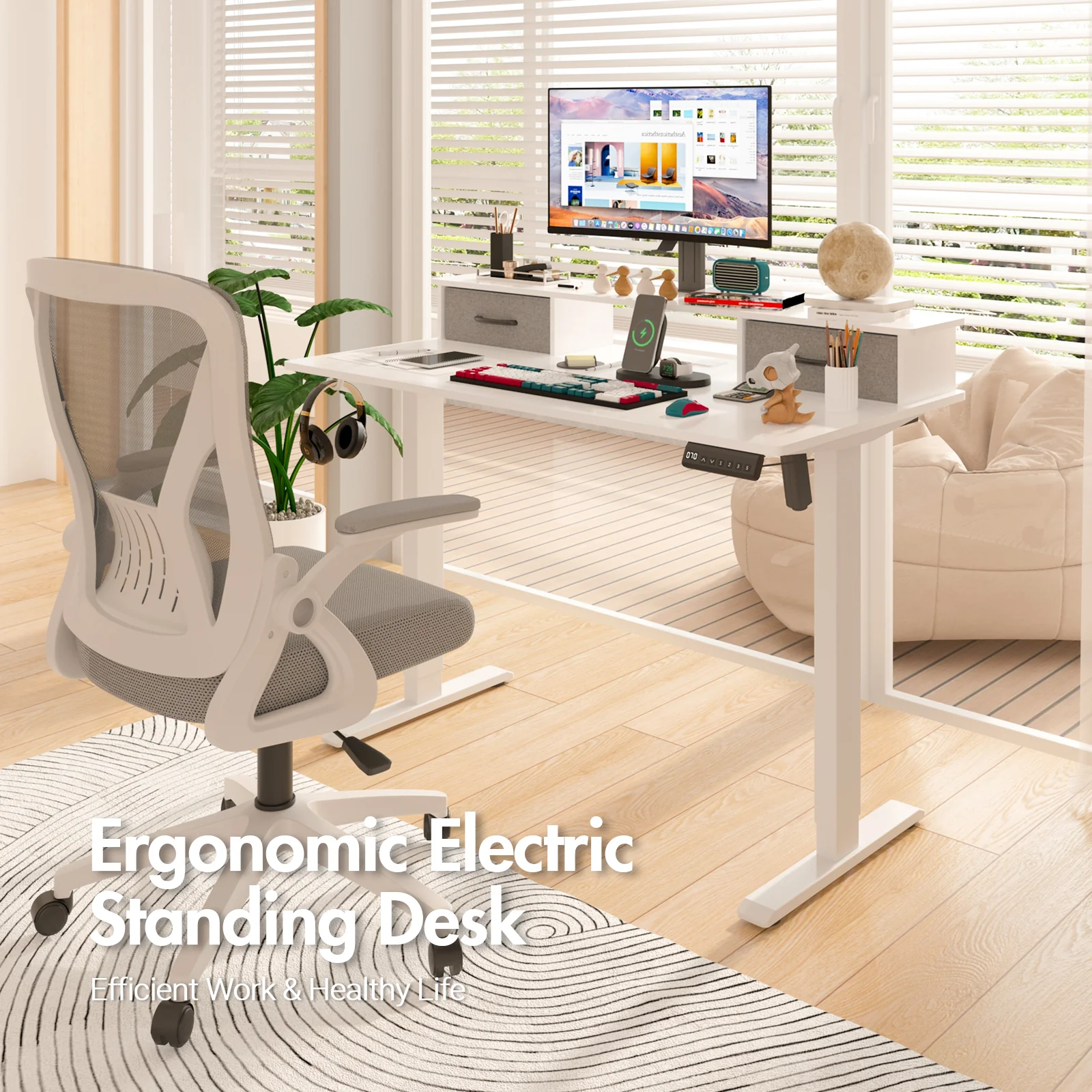 Electric Standing Desk with Monitor Stand  White