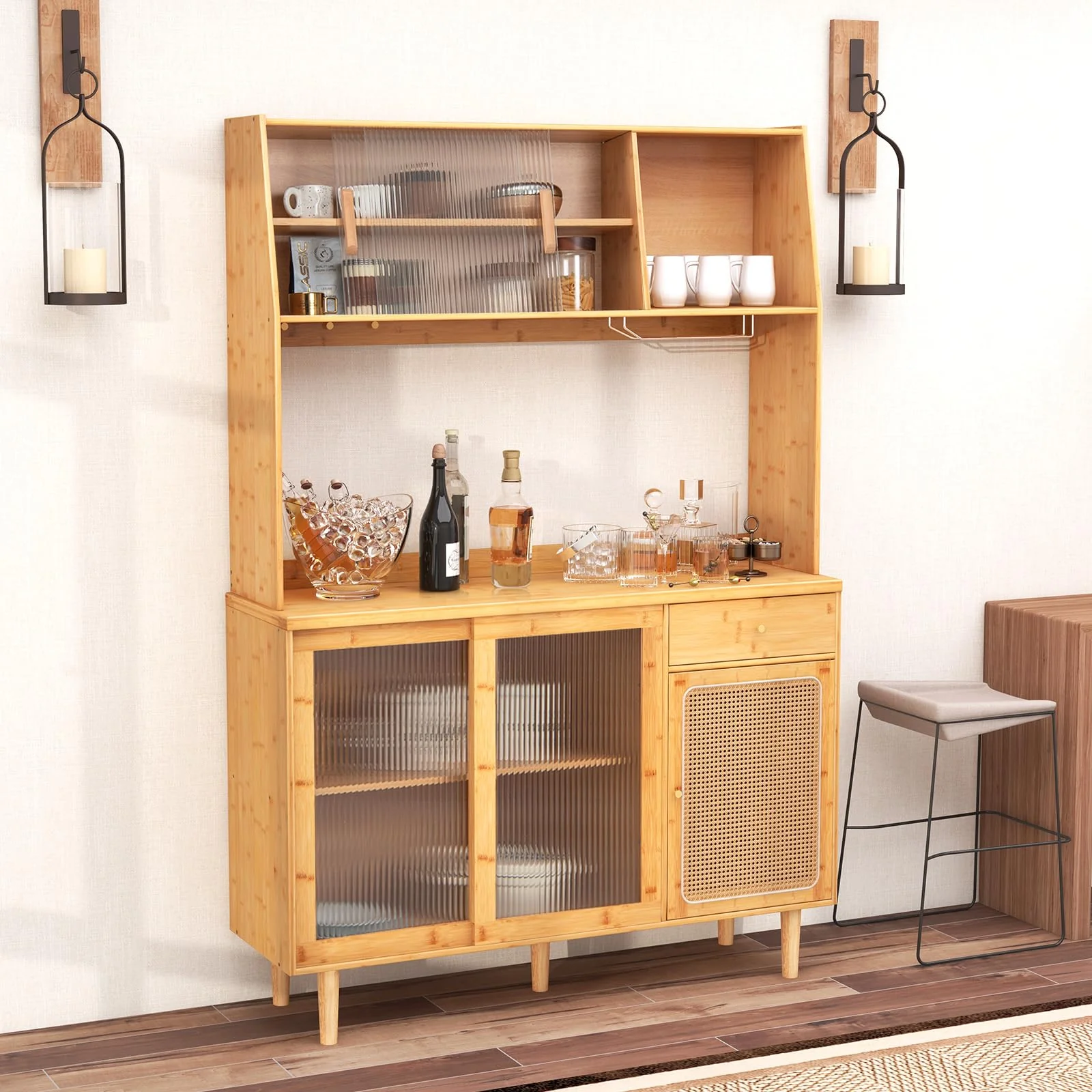 Giantex Bamboo Buffet Cabinet w/Hutch, 175cm Wine Bar Kitchen Cabinet