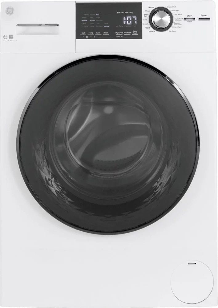 GE �C 2.4 Cu. Ft. High Efficiency Stackable Front Load Washer with Steam and Sanitize �C White