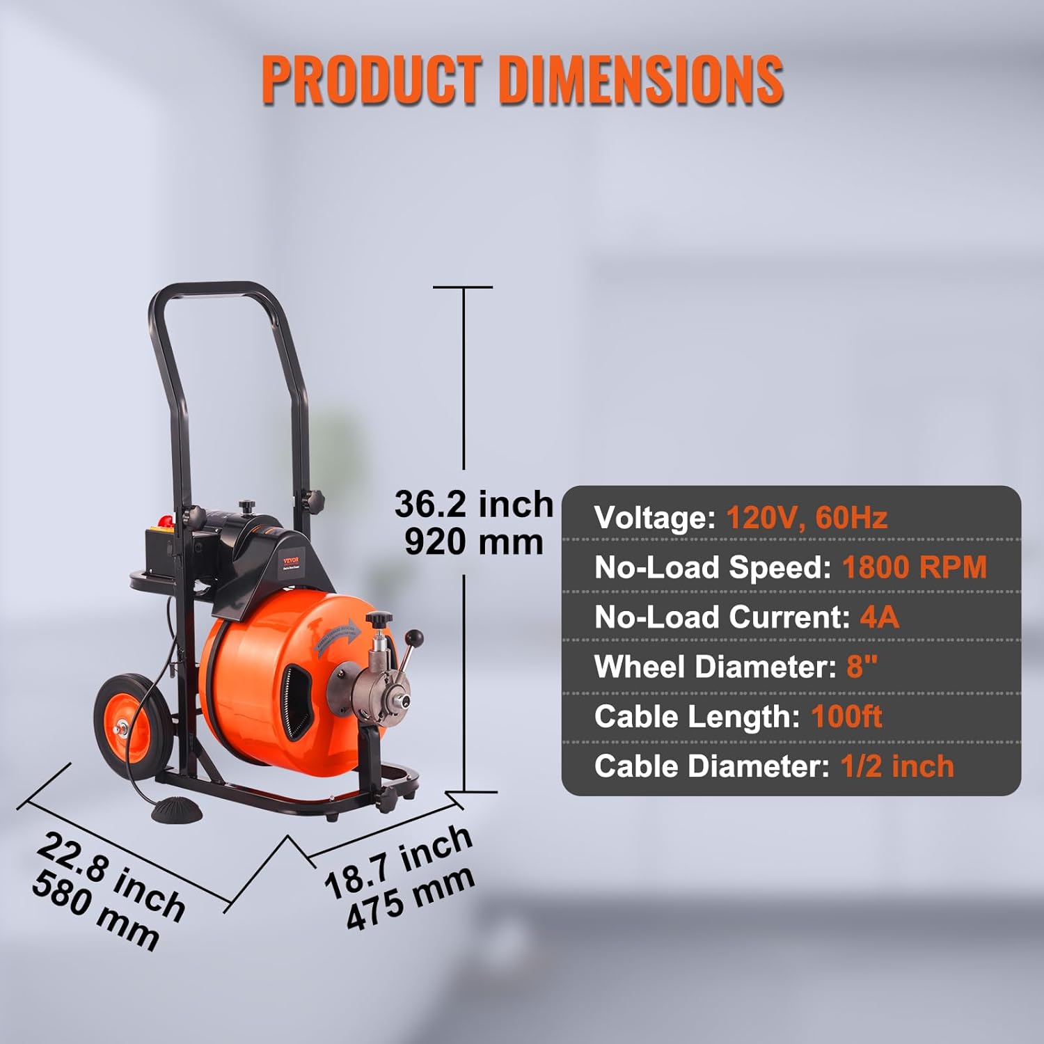 Drain Cleaner Machine 100FT x 1/2Inch, Auto Feed Sewer Snake Auger with 4 Cutter & Air-activated Foot Switch for 1