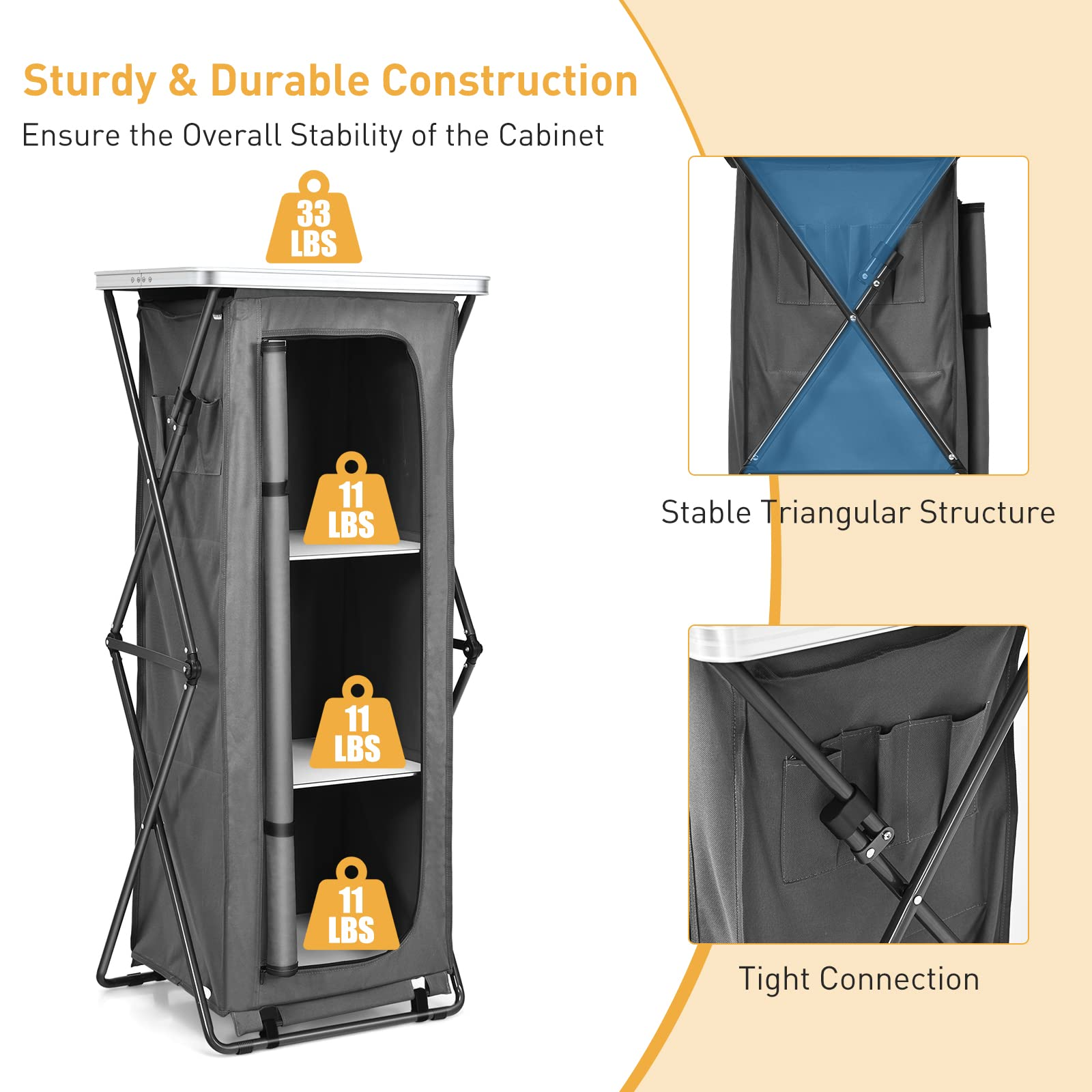 Folding Camping Storage Cabinet, Pop Up Outdoor Camping Kitchen Station with Large 3-Tier Storage Organizer