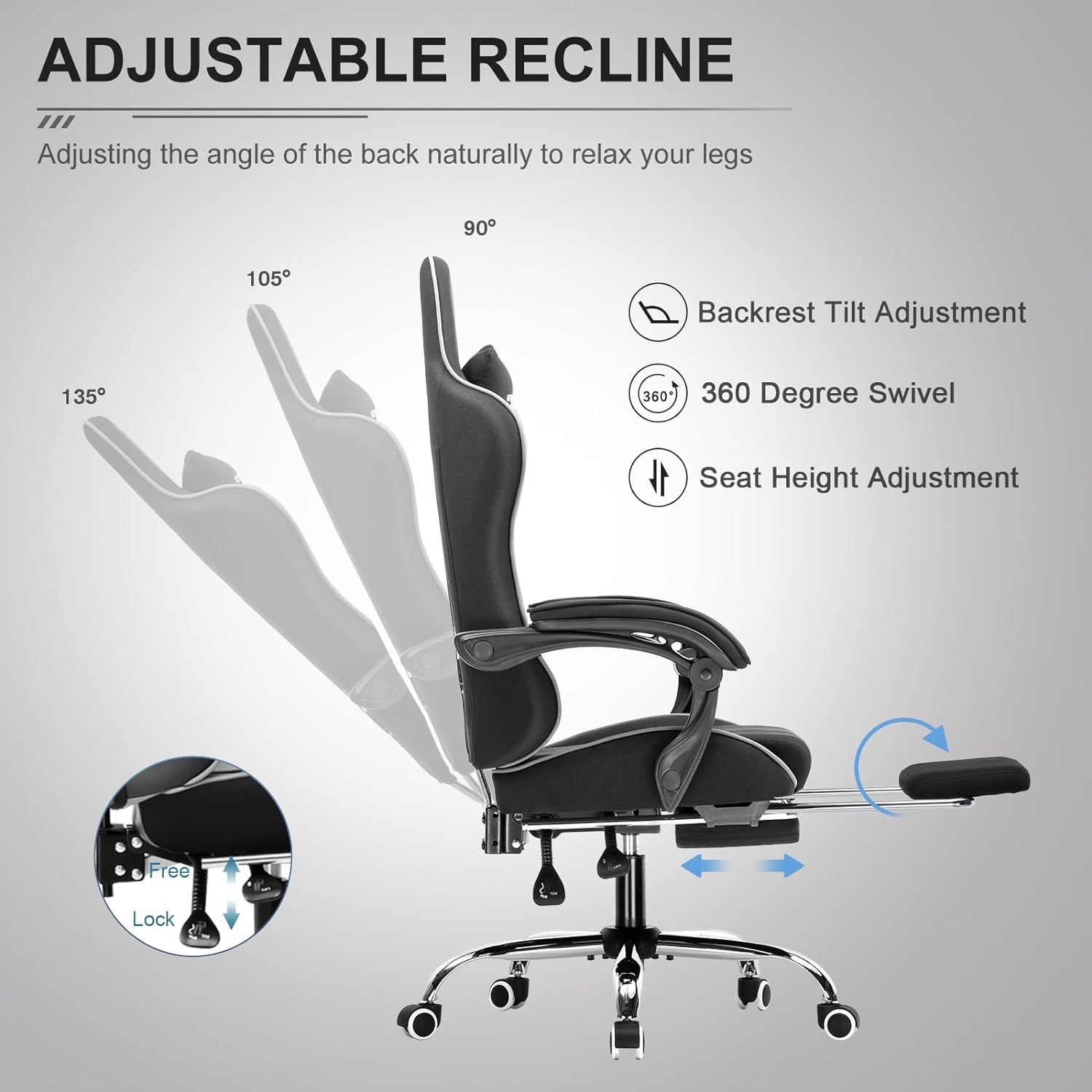 GTPLAYER Gaming Chair, Computer Chair with Footrest and Lumbar Support, Height Adjustable Game Chair with 360  -Swivel Seat and Headrest and for Office or Gaming (White)