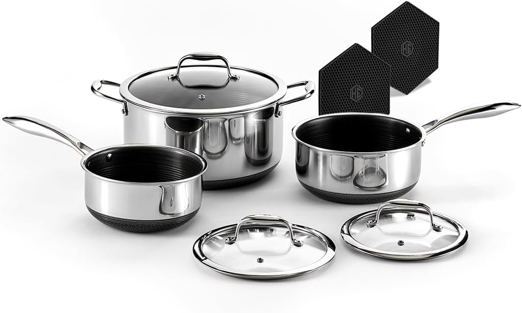 Hybrid Nonstick 6-Piece Pot Set with 2 Silicone Trivets, 2, 3, and 8-Quart Pots with Tempered Glass Lids, Stay-Cool Handles, Dishwasher-Friendly, Induction-Ready, Compatible with All Cooktops