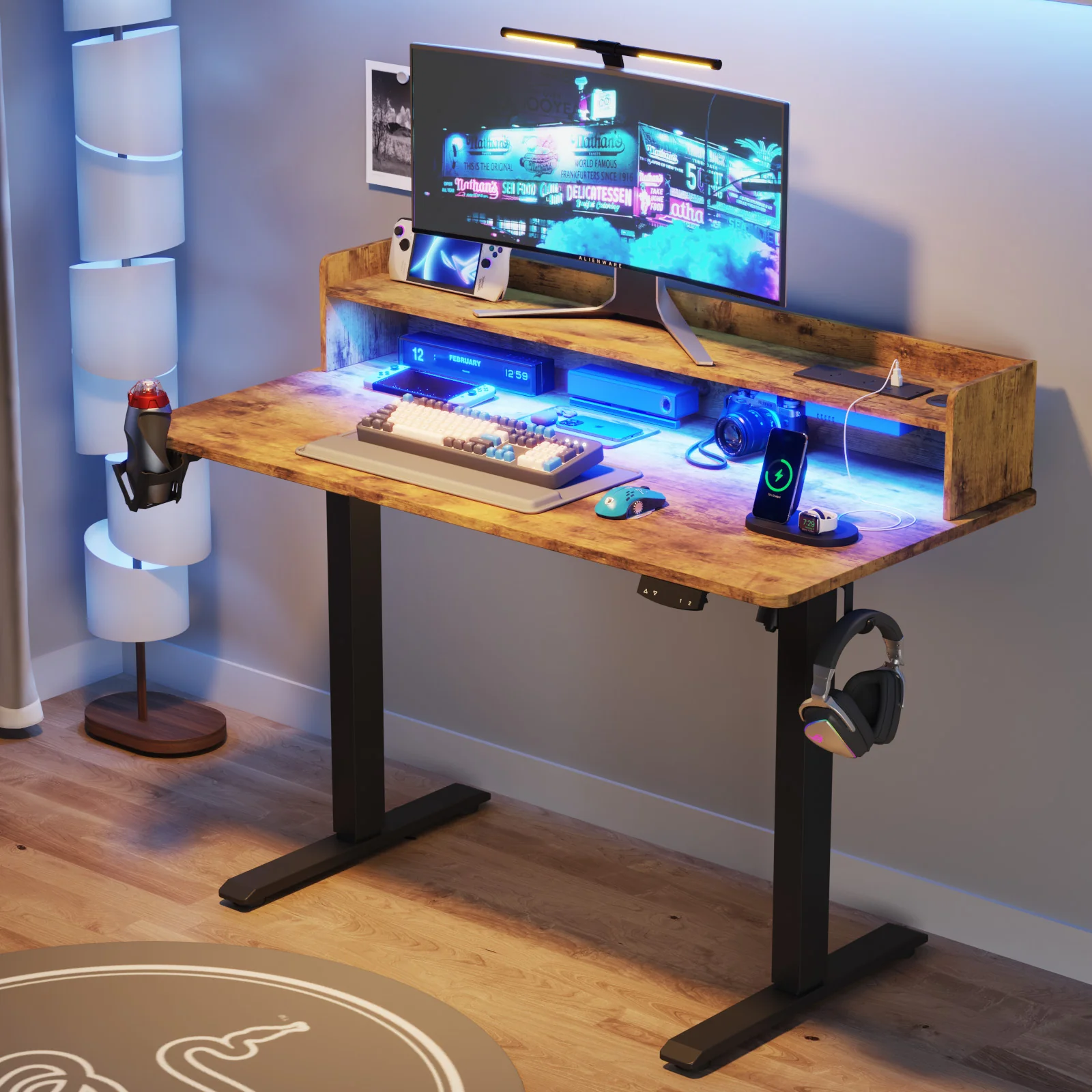 LED RGB Light Electric Standing Desk Brown
