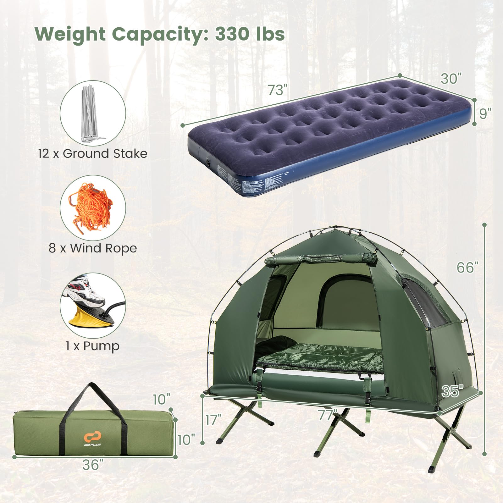 Camping Tent Cot, 5-in-1 Folding Camping Bed with Air Mattress, Pillow, Sleeping Bag, Waterproof Elevated Tent Shelter