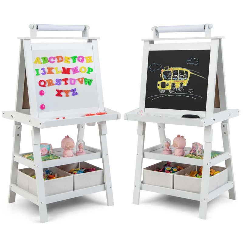 3-in-1 Double-Sided Kids Art Easel, Wooden Storage Toddler Easel with Magnetic White Board & Chalkboard, Paper Roll, Painting Dry Erase