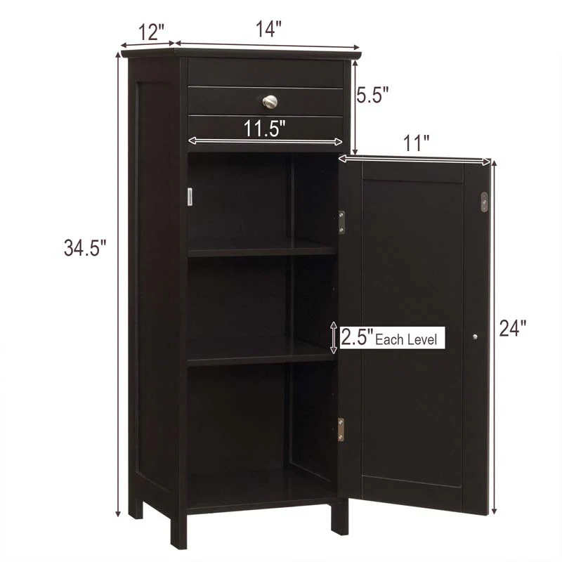 Free-Standing Wooden Floor Storage Cabinet w/Large Drawer & 2 Adjustable Shelves, Morden Side Storage Bathroom Organizer Cabinet