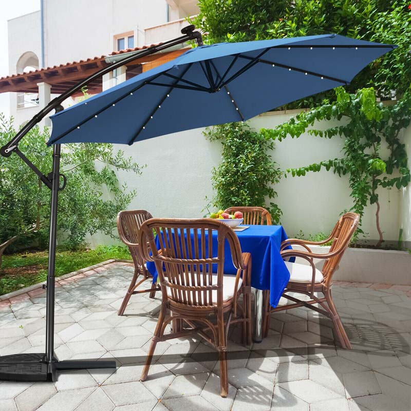 10 FT Patio Offset Umbrella with Solar Lights 360�� Rotation Outdoor Market Umbrella with Crank Handle & Cross Base