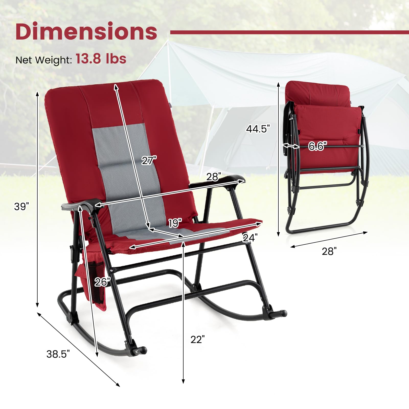 Oversized Folding Rocking Chair, Padded Patio Lounge Rocker w/Metal Frame, Armrests, Side Pocket