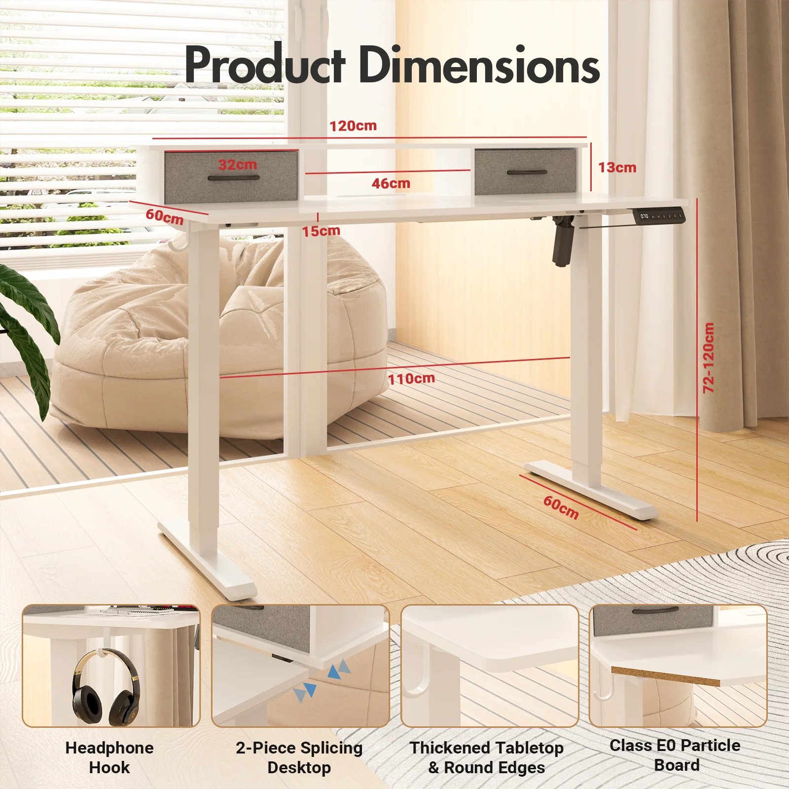 Electric Standing Desk with Monitor Stand  White