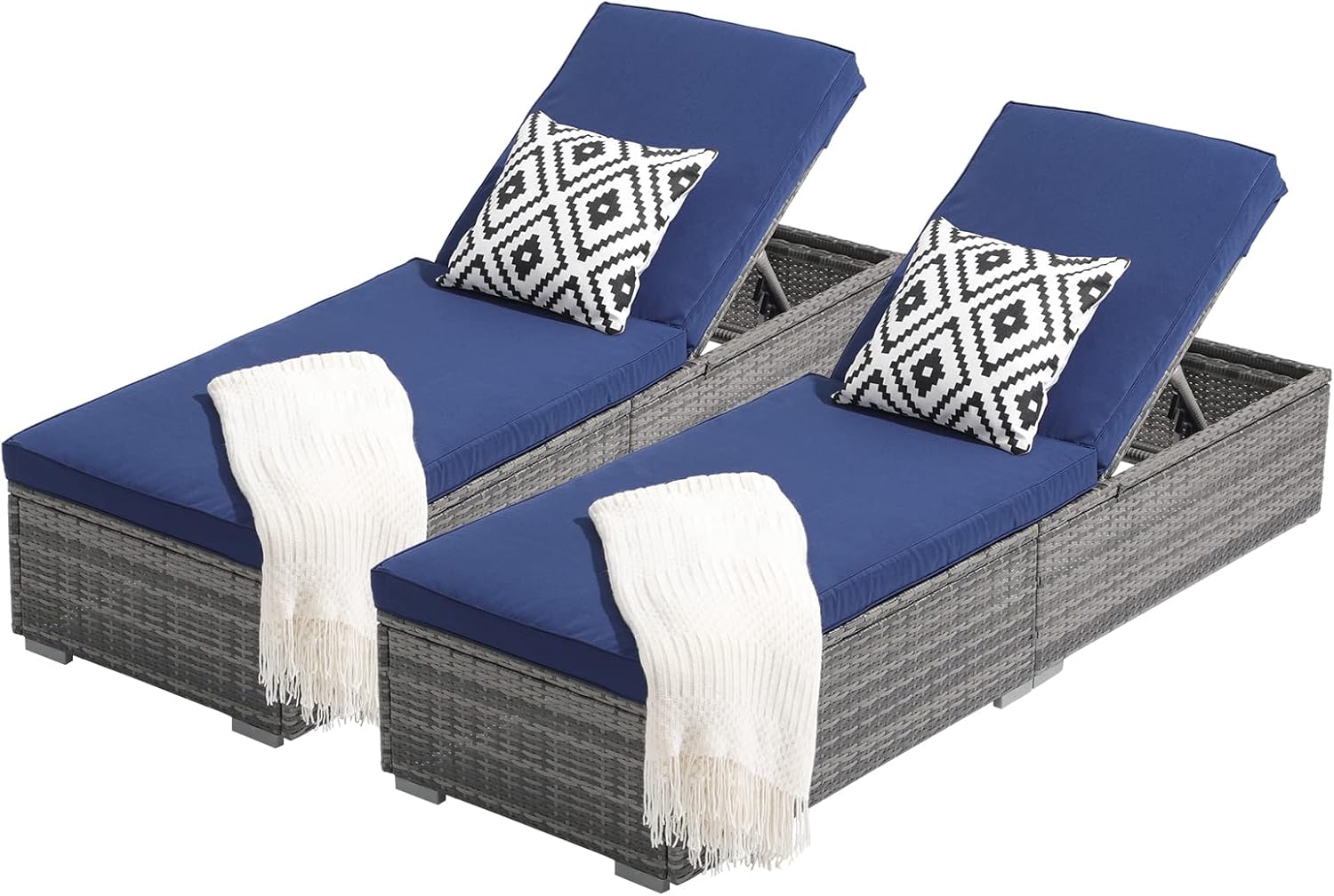 Patiorama Outdoor Patio Lounge Chair, Elegant Reclining Adjustable Pool Rattan Chaise Chair with Beige Cushion, Brown PE Wicker, Steel Frame, Set of 2