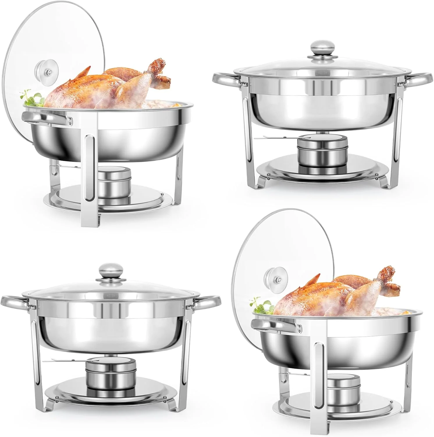 5 QT Chafing Dishes, 4 Pack Premium Stainless Steel Complete Set, Round Chafing Dish Buffet Set, Heating and Cooling Chafing Dish for Gatherings Banquets, Buffets, Parties, Weddings