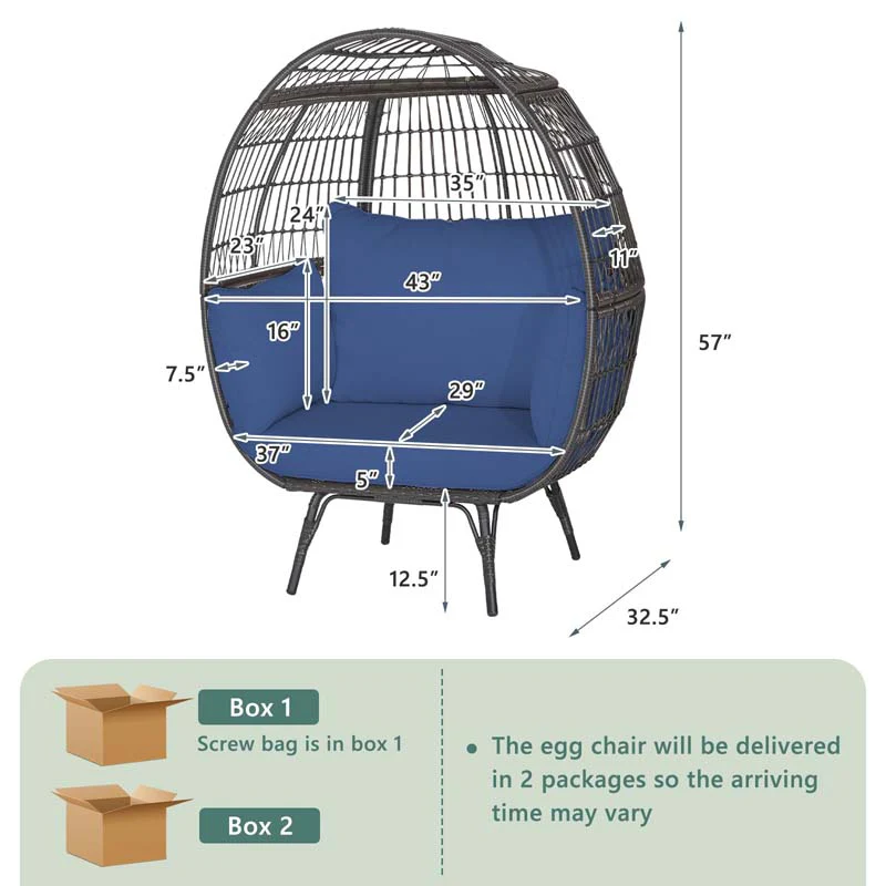 Oversized Wicker Egg Chair with 4 Cushions, Steel Frame Basket Chair Indoor Outdoor Patio Lounge Chair