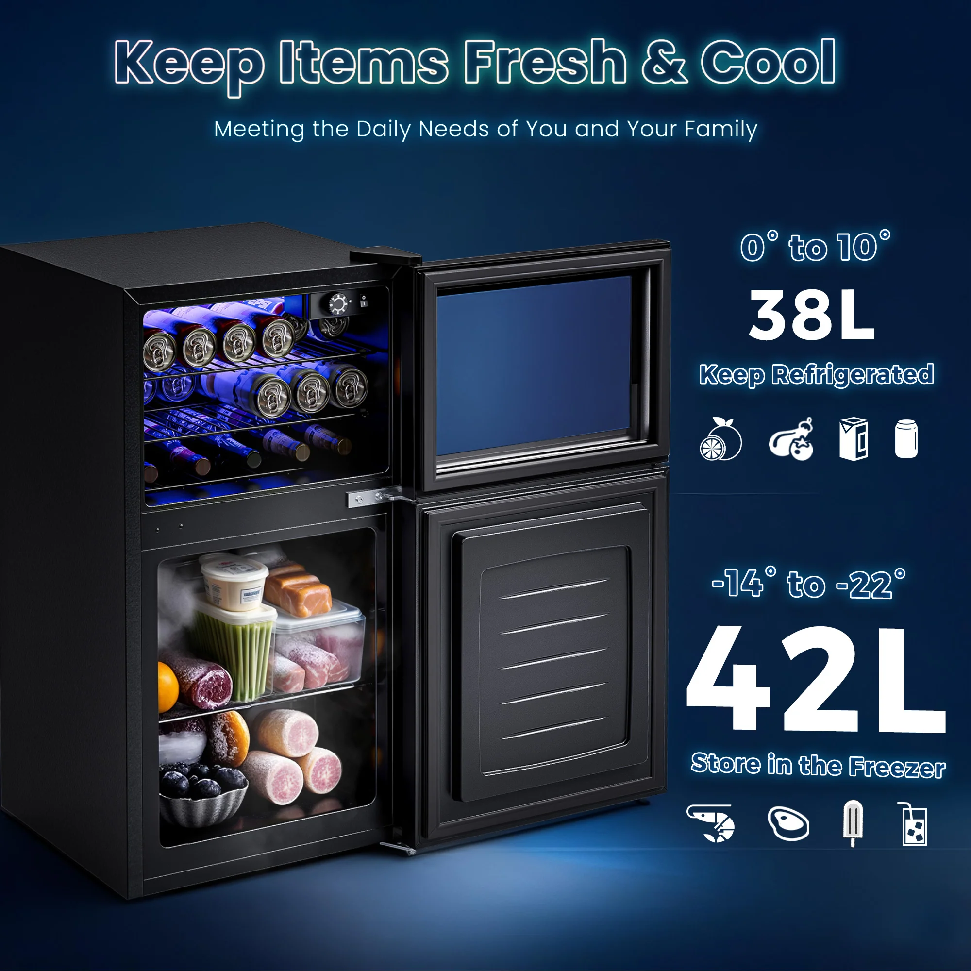 80L 2-Door Mini Fridge with Freezer