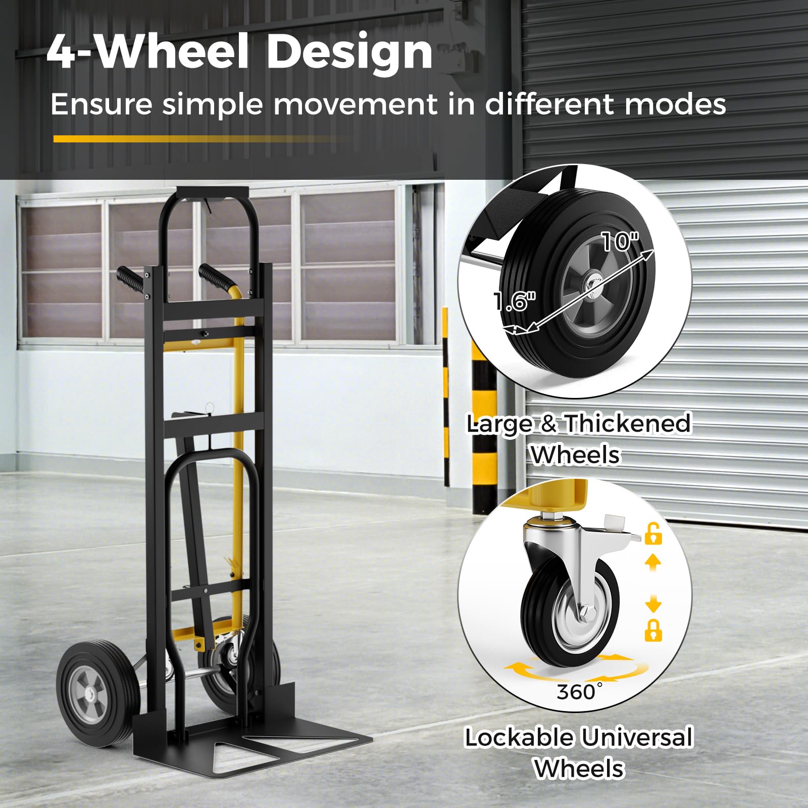 Hand Truck, 3-in-1 Convertible Metal Dolly Cart with 4 Rubber Wheels, 1000 lbs Max Load Capacity