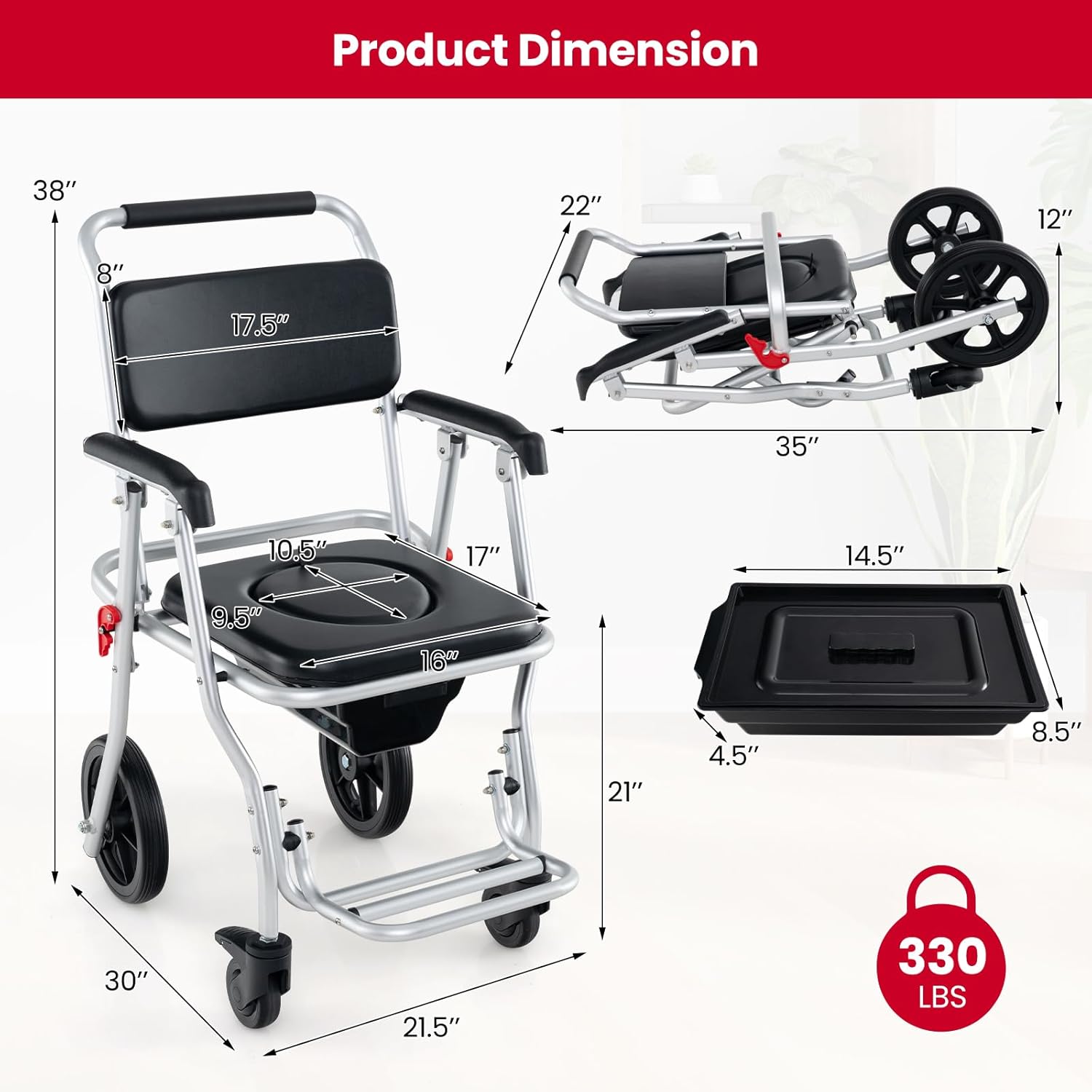 4 in 1 Shower Commode Wheelchair, 330lbs Foldable Bedside Commode Chair for Toilet with Arms