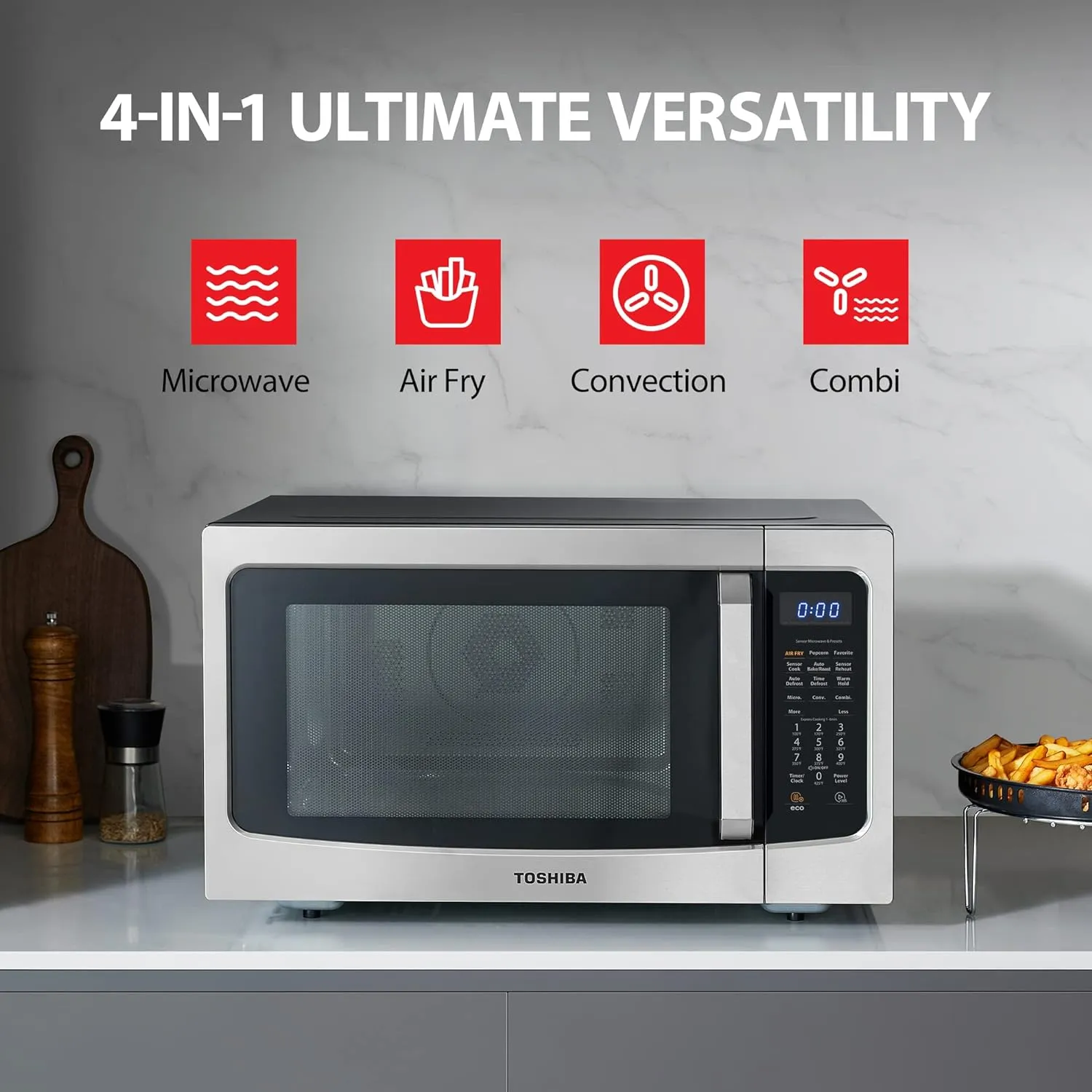 TOSHIBA 4-in-1 ML-EC42P(SS) Countertop Microwave Oven, Smart Sensor, Convection, Air Fryer Combo, Mute Function, Position Memory 13.6