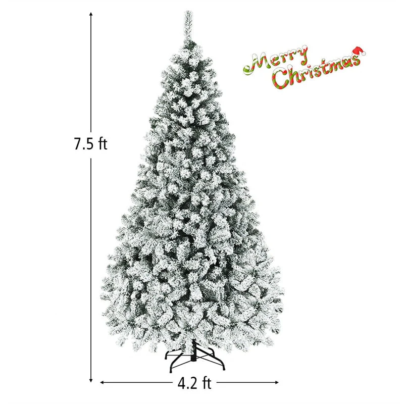 Premium Pre-Lit Snow Flocked Artificial Christmas Tree with Hinged Branch Tips & LED Lights