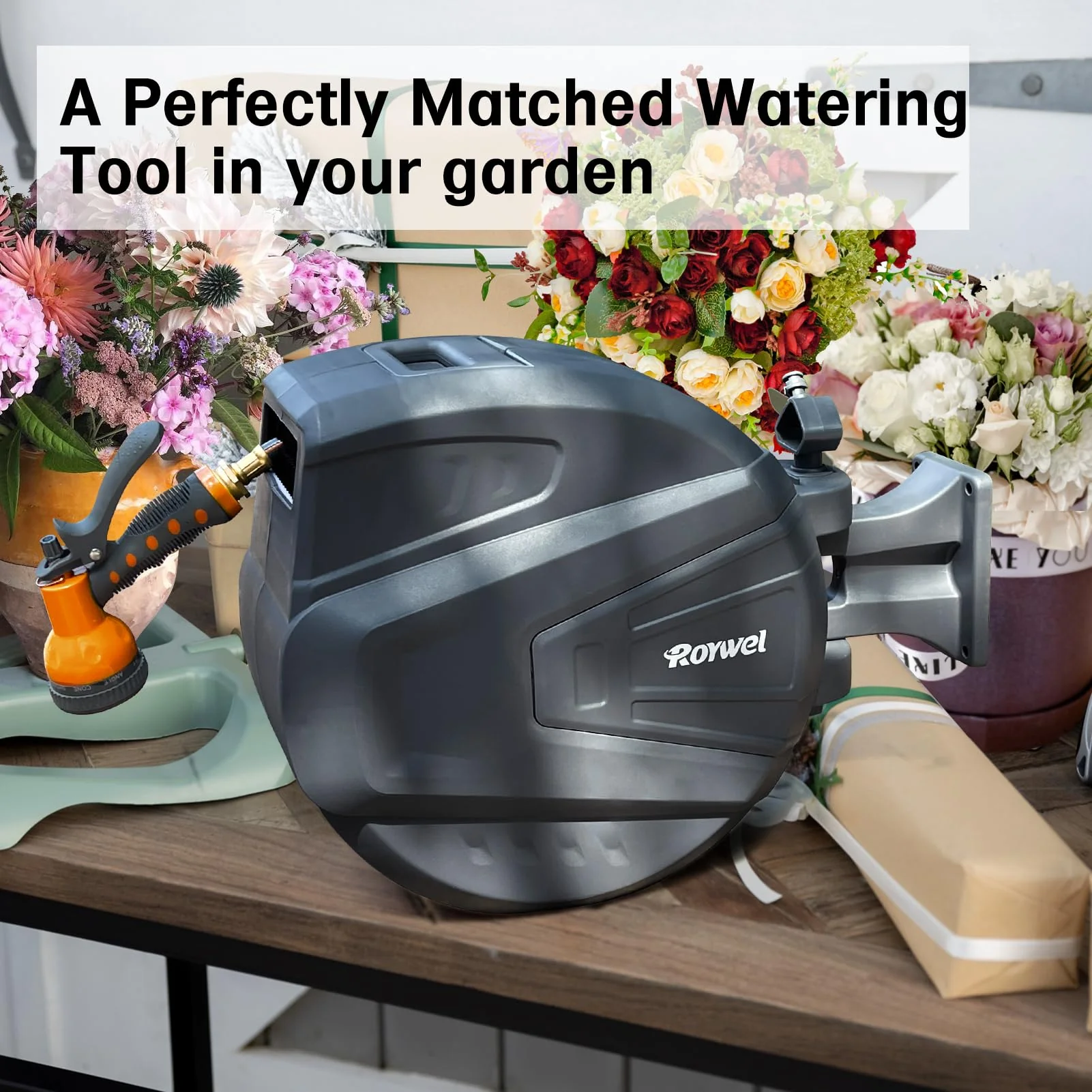 Roywel Garden Hose Reel with Retractable Hose 65ft x 1/2