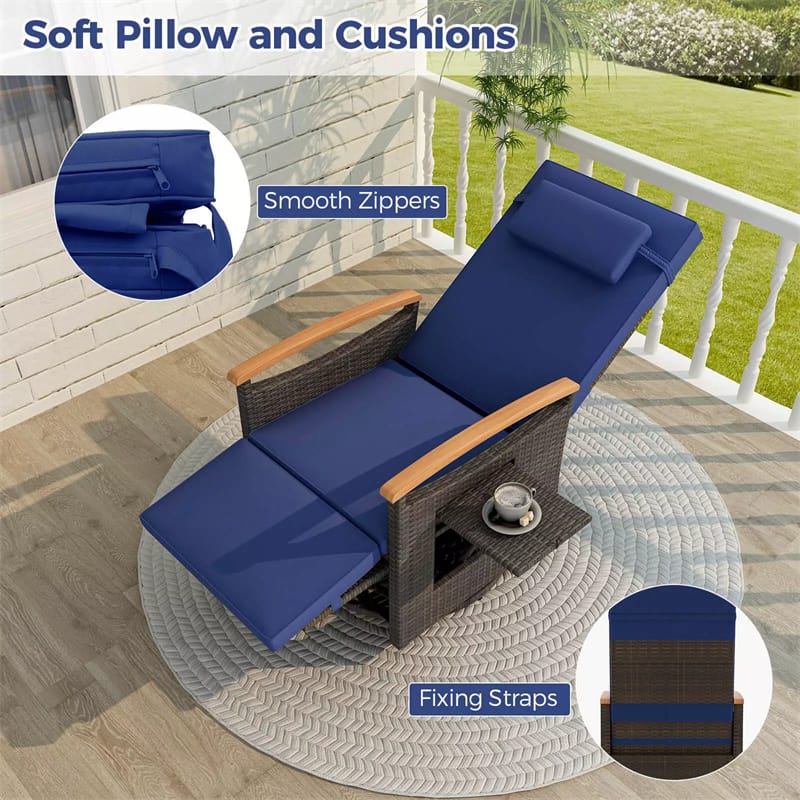 Outdoor 360�� Swivel Rattan Recliner Chair with Adjustable Backrest & Footrest, Patio Wicker Chaise Lounge Chair with Flip Side Table & Cushion